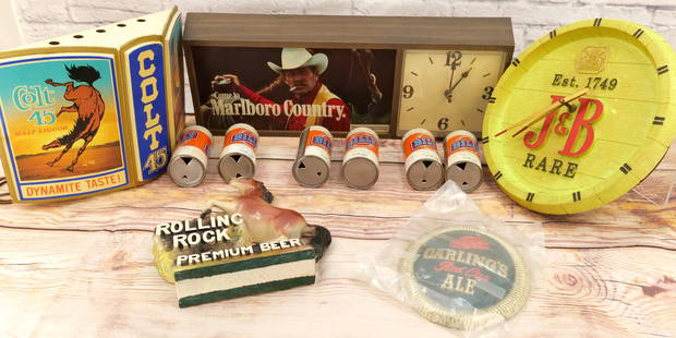 Group Lot of Advertising: Group Lot of Advertising including Come to Marlboro Cigarette Clock - Tested and Working, J&B Clock - Clock Runs - Needs Lightbulb, Colt 45 Lighted Advertisement - Untested, and Rolling Rock Premium B