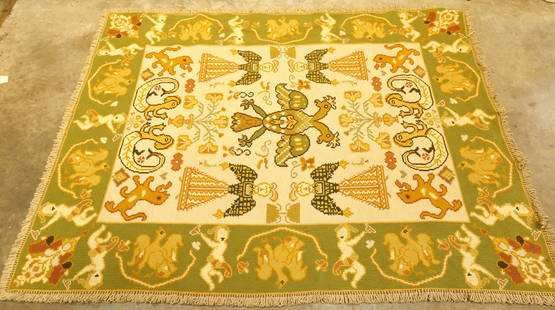 Handmade Wool Wall Hanging/Rug. Middle Eastern Design: Handmade Wool Wall Hanging/Rug. Middle Eastern Design. Label on back marked Tapotos Arraiolos Trevo. Measures 58" long x 78" wide. All invoices must be paid within 24 hours of the sale. We offer multi