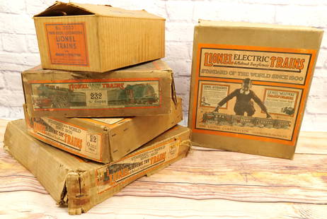 Group Lot of Lionel O27 Set Boxes and Train Boxes ONLY: Group Lot of Lionel O27 Set Boxes and Train Boxes ONLY. Lot includes Outfit No. 164 with interior boxes and some track, Outfit No. 296 with interior boxes, Outfit No. 92 with interior track, Outfit No