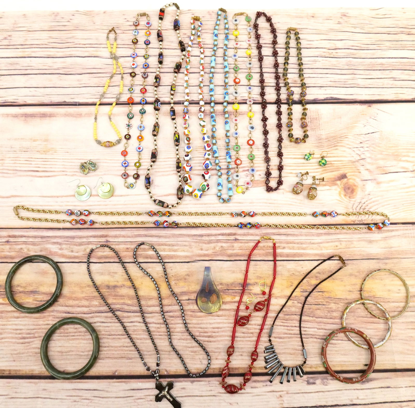 Lot of Glass Bead, Cloisonné, and Natural Stone Jewelry: Lot of Glass Bead, Cloisonné, and Natural Stone Jewelry. Including 2 Natural Stone Bangles, Cloisonné Bangles and Earrings, Glass Bead Necklaces, Sets, Earrings and More. All invoices must be paid w