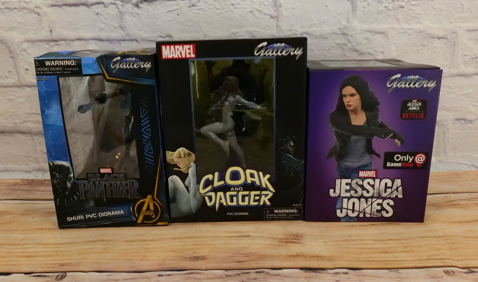 Lot of 3 Marvel Gallery PVC Dioramas: Lot of 3 Marvel Gallery PVC Dioramas. Including Jessica Jones - GameStop Exclusive, Black Panther - Shuri, and Cloak and Dagger. The Shuri Box has some damage. All new in box. All invoices must be pai