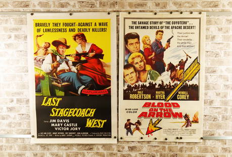 Lot of 2 One Sheet Movie Posters: Lot of 2 One Sheet Movie Posters backed on Linen. Including Last Stage Coach West (1957) Starring Jim Davis and Mary Castle. #57-402. Overall Good Condition. The other is Blood on the Arrow (1964) Sta