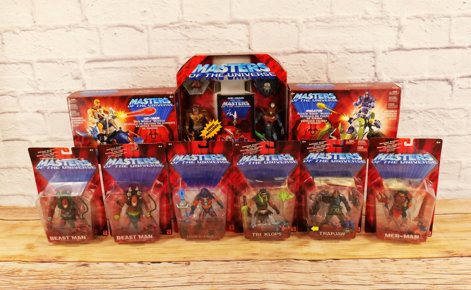 Lot of Mattel Masters of the Universe Collectibles: Lot of Mattel Masters of the Universe Collectibles from the Early 2000's including War Whale Vehicle, Attack Squid Vehicle, He-Man vs. Skeletor Gift Set, and Action Figures of Trapjaw, Mer-Man, (2) Be