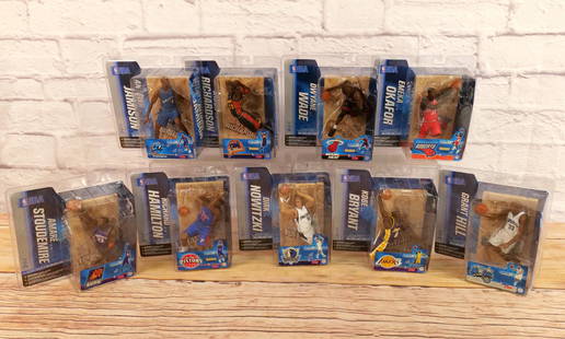 Lot of 9 McFarlane NBA Sports Figures - Series 9: Lot of 9 McFarlane NBA Sports Figures - Series 9. Includes Grant Hill, Amare Stoudemire, Kobe Bryant, Jason Richardson, Antawn Jamison, Richard Hamilton, Dirk Nowitzki, Dwayne Wade, and Emeka Okafor.