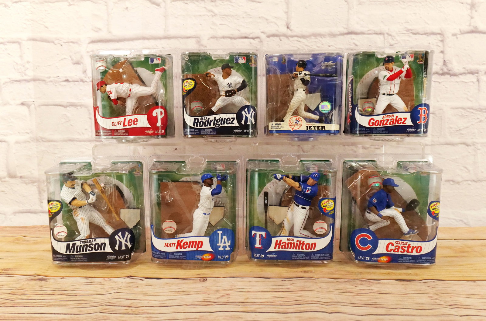 Lot of 8 McFarlane MLB Sports Figures - Mostly Series 29: Lot of 8 McFarlane MLB Sports Figures - Mostly Series 29. Includes Series 29 - Adrian Gonzalez, Starlin Castro, Josh Hamilton, Alex Rodriguez, Thurman Munson, Cliff Lee, and Matt Kemp. Also includes S