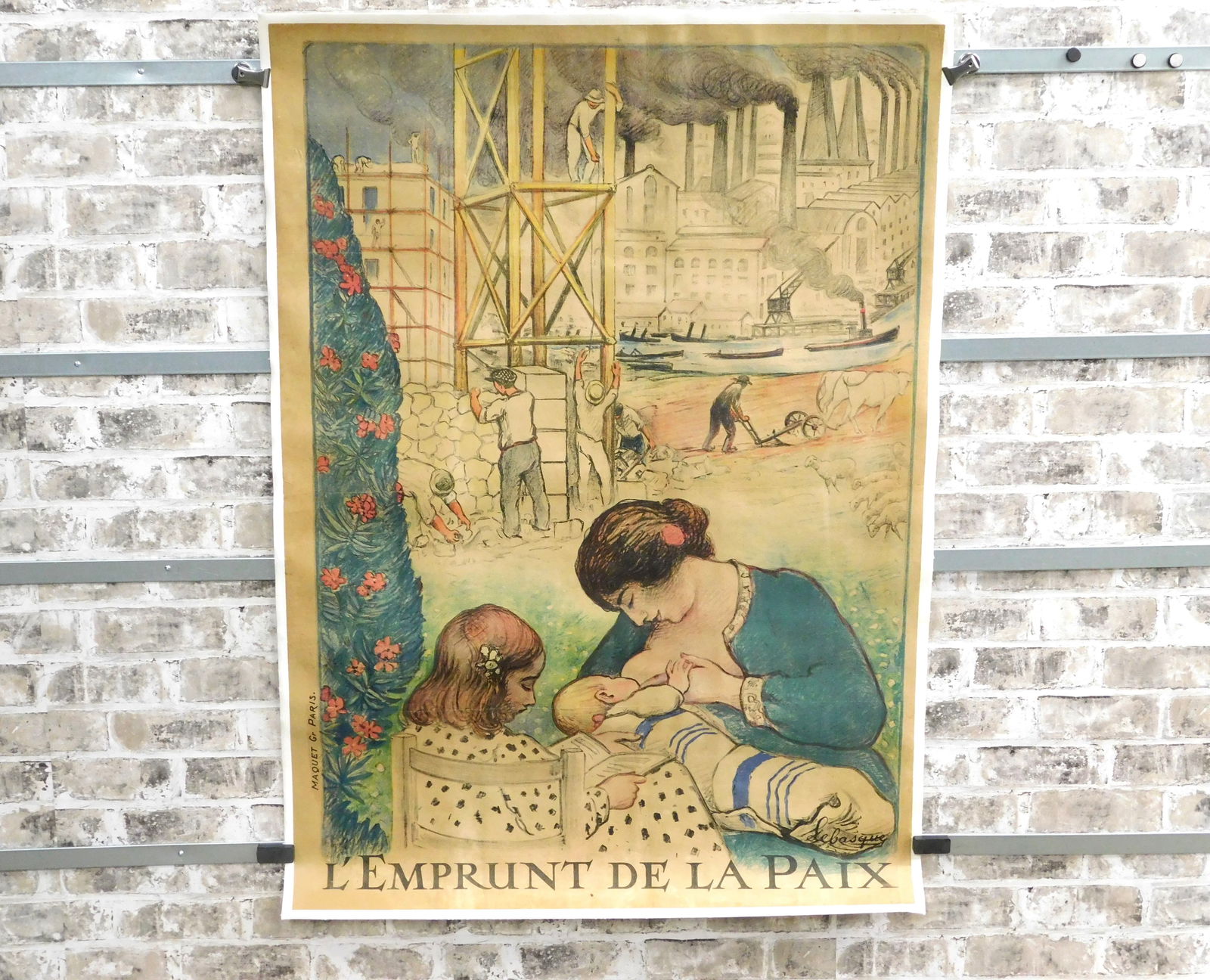 L'Emprunt de la Paix French 1919 Lithograph: Antique French poster advertising the peace loan c 1919-1920. By Henri Lebasque. Features a mother feeding her child while her other child reads and men rebuild and farm in the background. Inscribed "