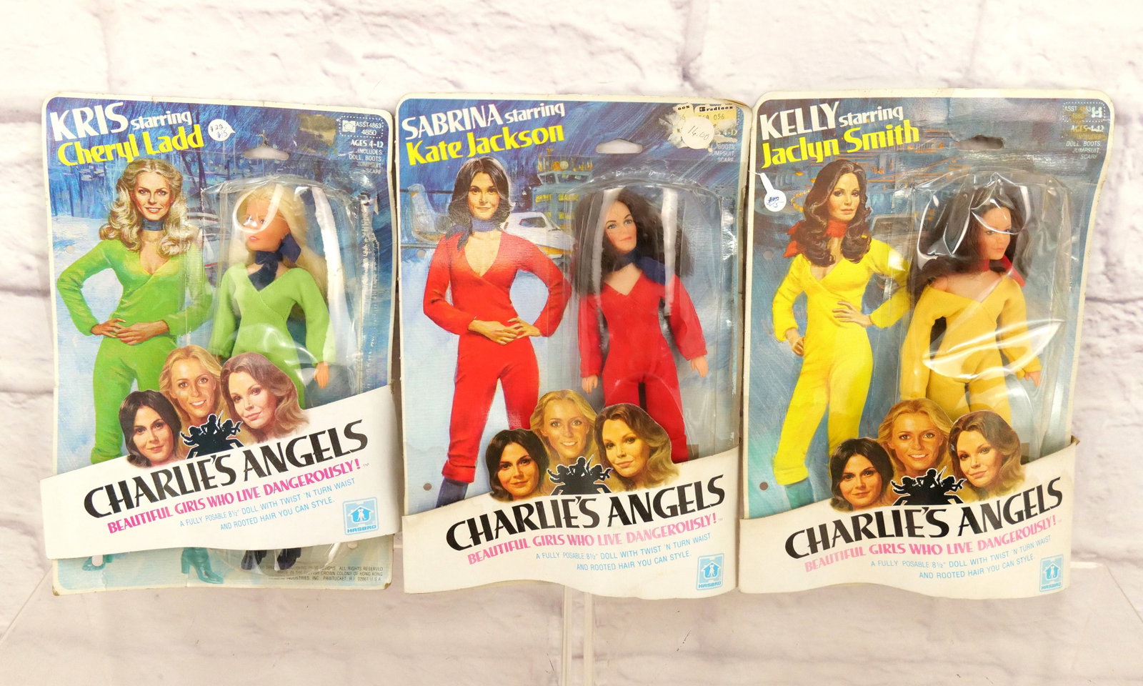 Lot of 3 Vintage Hasbro Charlie's Angels Figures: Lot of 3 Vintage Hasbro Charlie's Angels Figures including Cheryl Ladd as Kris, Jaclyn Smith as Kelly, and Kate Jackson as Sabrina. All in original packaging. Blister packs are coming loose and packag