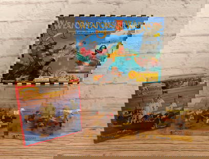 Lot of 4 Pirate Playsets/Figures: Lot of 4 Pirate Playsets/Figures. Including Pirate Ship Play Set by Blue Box, (2) High Seas Pirates Figure Sets by Jasmin, and Weapons & Warriors Game by Pressman. The Weapons and Warriors Game