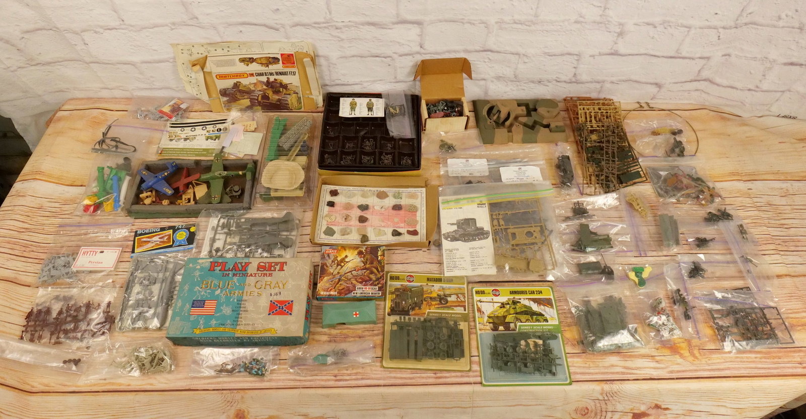 Lot of Plastic Miniatures and Accessories: Lot of Plastic Miniatures and Accessories. Including AirFix Matador & Gun, Armored Car, Airfix American Infantry, Blue and Grey Armies, Marx Recast War Accessories, and More. Mineral Set is missing a 