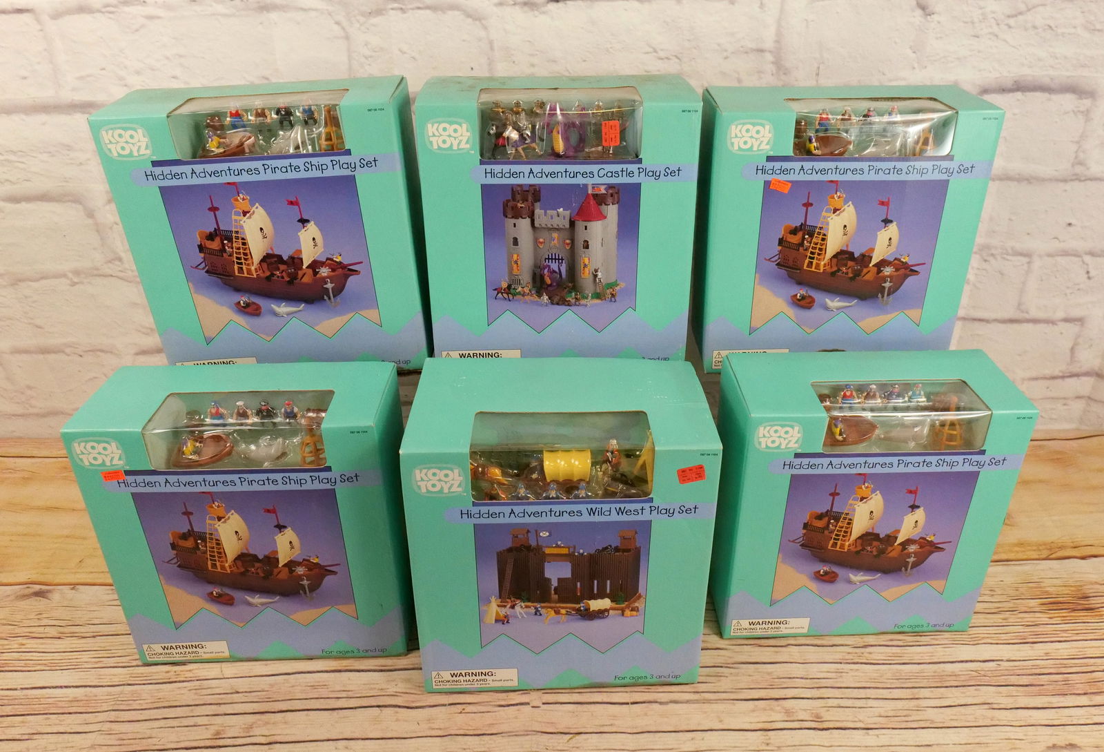 Lot of Kool Toys Hidden Adventures Play Sets: Lot of Kool Toys Hidden Adventures Play Sets including Wild West, (4) Pirate Ship, and Castle. All are in new condition in boxes. The bottoms of the boxes have molding and damage. All invoices must be