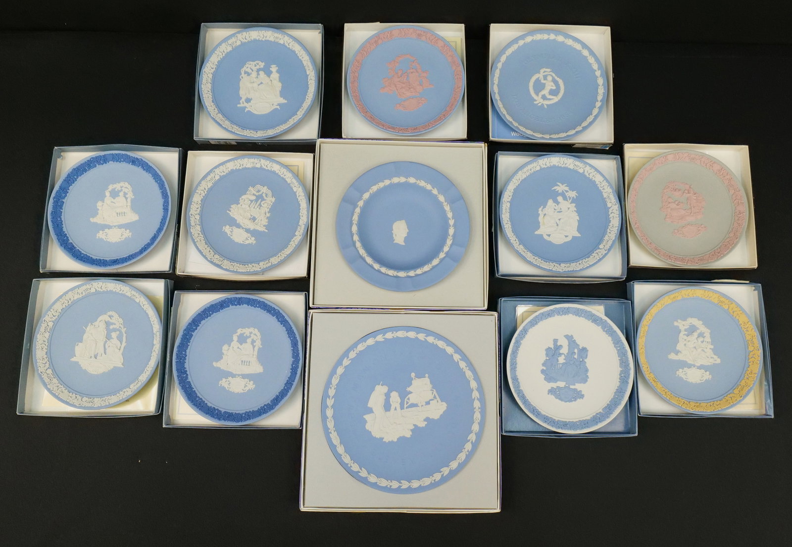 Group Lot of Wedgwood Blue Jasperware Plates: Group Lot of Wedgwood Blue Jasperware Plates. The lot includes (10) My Valentine plates 1984, 85, 87, 88. 89, (2) 1990, 91, 92 & 93, Apollo eleven Man on the Moon Plate, LA Olympiad plate, and an Exec