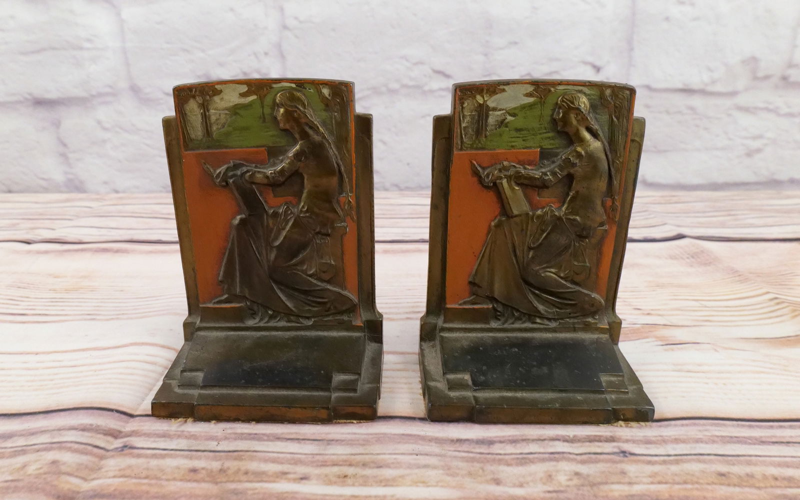 Pair of Arts & Crafts Bronze Cold-Painted Bookends (1 of 13)