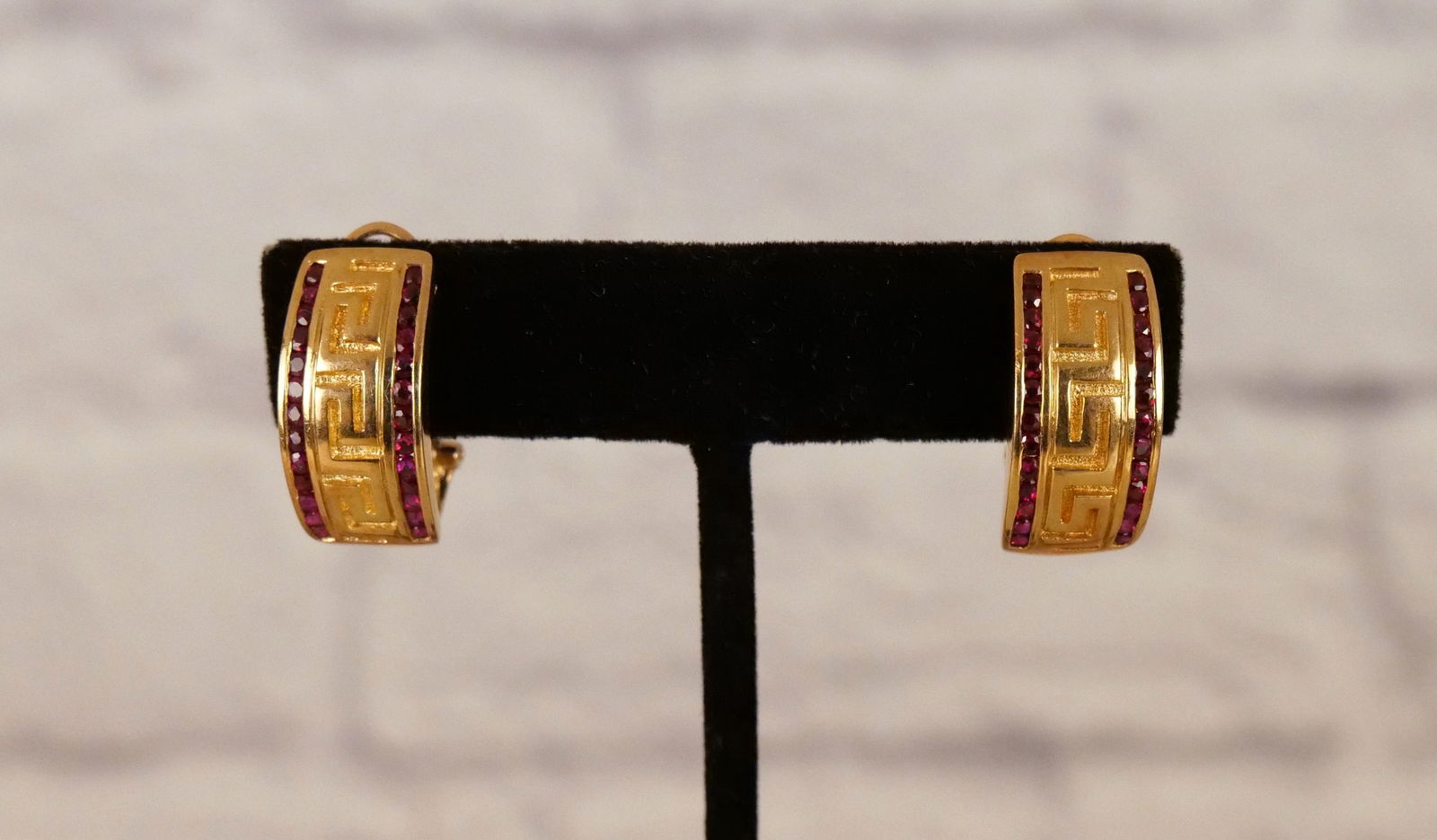 14K Earrings - Greek Key Pattern with Rubies (1 of 7)