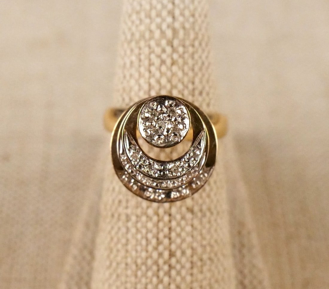 14K Yellow Gold and Diamond Fidget Ring: 14K Yellow Gold and Diamond Fidget Ring. 14k yellow gold fidget ring featuring 3 rotating concentric rings stacked on a central post. The rings also have white gold and small bead set round white diam