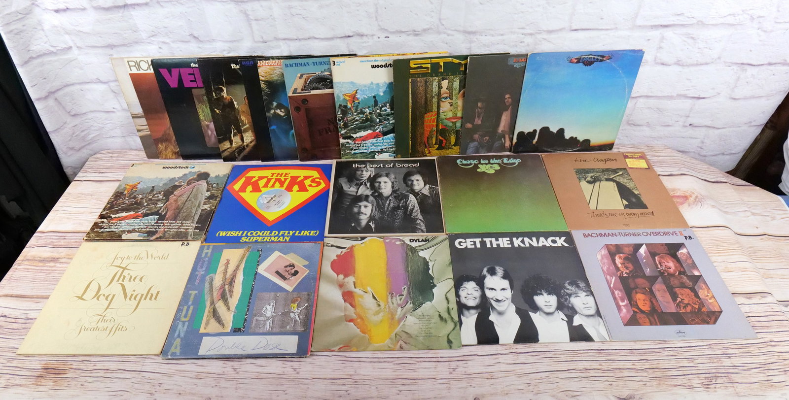 Lot of 20 Classic Rock Records: Lot of 20 Classic Rock Records. Lot includes 2 x Guess Who, Moody Blues, The Kinks, Hot Tuna, Bob Dylan, The Knack, 2 x Eagles, 2 x Woodstock Soundtrack, Three Dog Night, Bread, Yes, Eric Clapton and