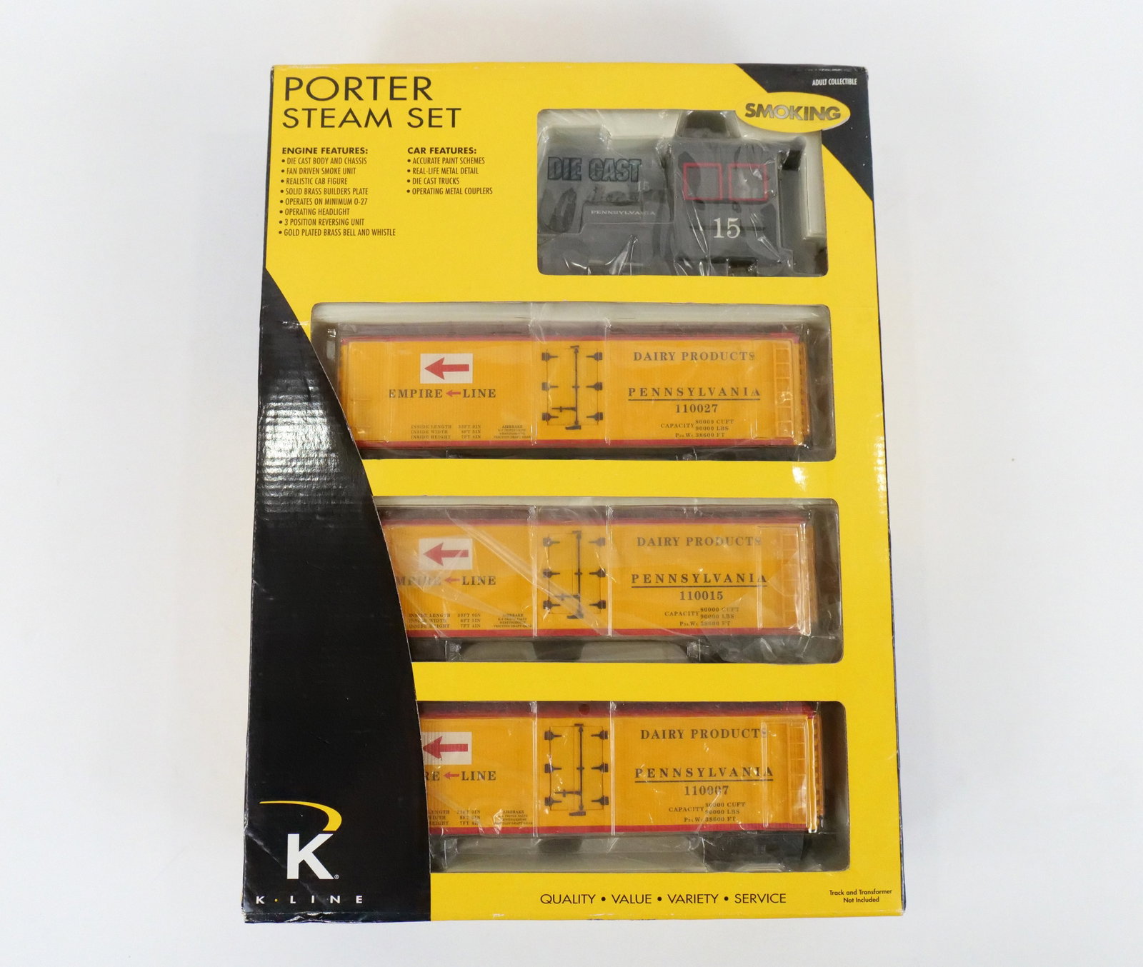 K-Line Porter Smoking Steam Set: K-Line Porter Smoking Steam Set. Comes with Porter and 3 Reefers. Comes with original box. O Gauge All invoices must be paid within 24 hours of the sale. We offer multiple shipping options please read