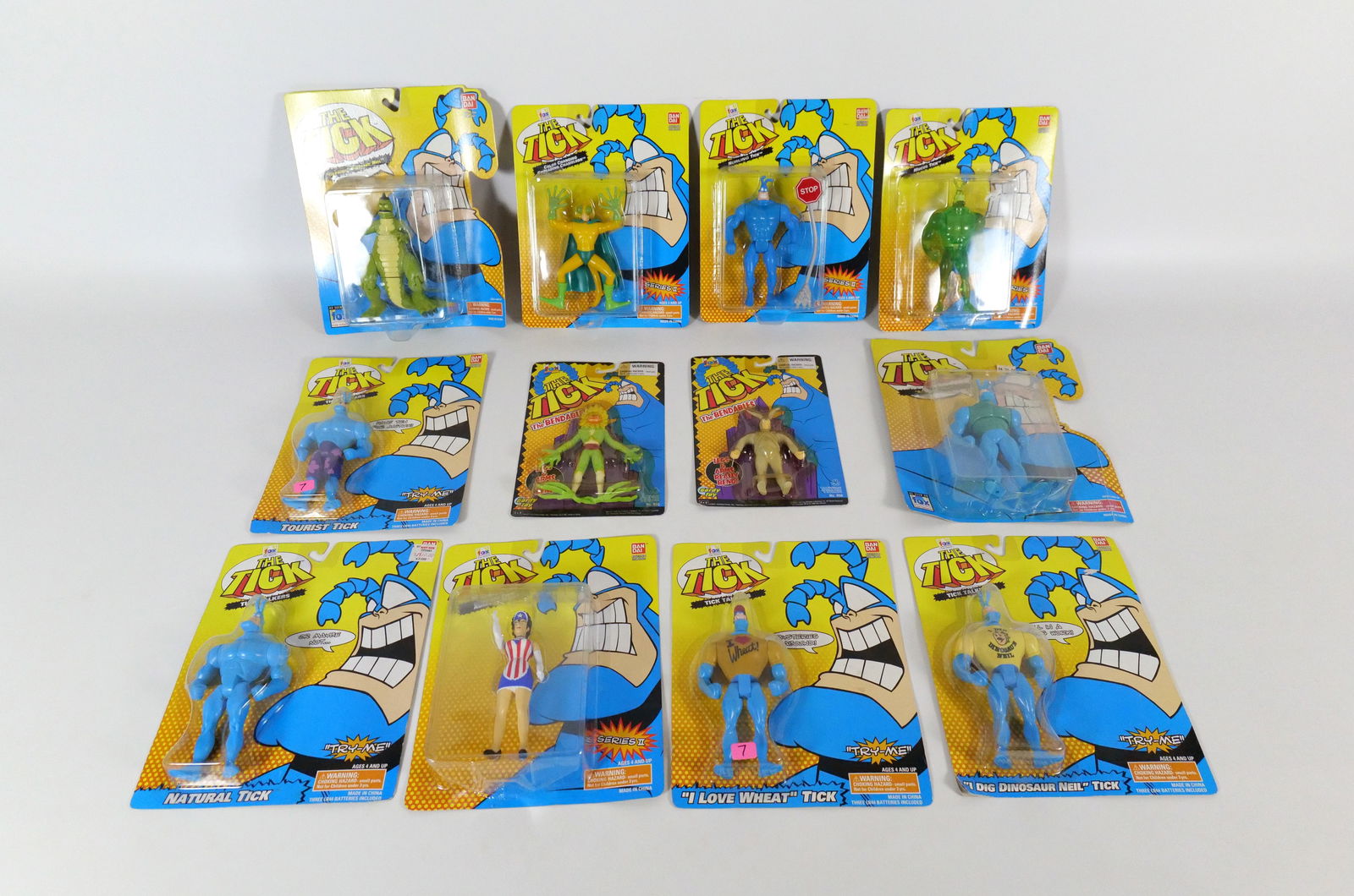 Lot of The TIck Action Figures: Lot of The TIck Action Figures including (2) Bendable Figures and (10) Bandai Collectible Figures. The ones that are supposed to talk have dead batteries. All invoices must be paid within 24 hours of