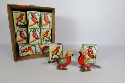 Lot of 32 Tin Litho Wind Up Jumping Parrots
