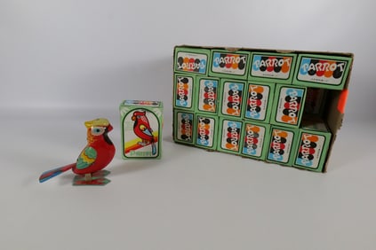 Lot of 32 Tin Litho Wind Up Jumping Parrots
