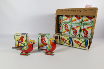 Lot of 32 Tin Litho Wind Up Jumping Parrots