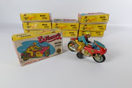 Lot of 9 Tin Litho Friction Winner Motorcycles