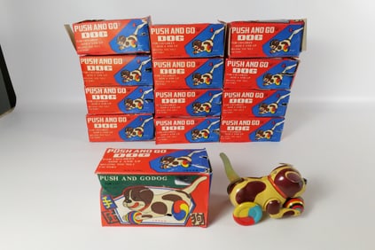 Lot of 13 Tin Litho Wind Up Push and Go Dogs