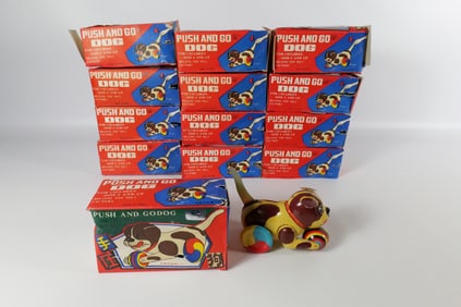 Lot of 13 Tin Litho Wind Up Push and Go Dogs