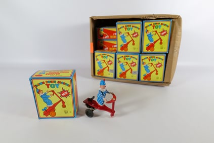 Lot of 16 Tin Litho Wind Up Clown Riding Scooter Toys