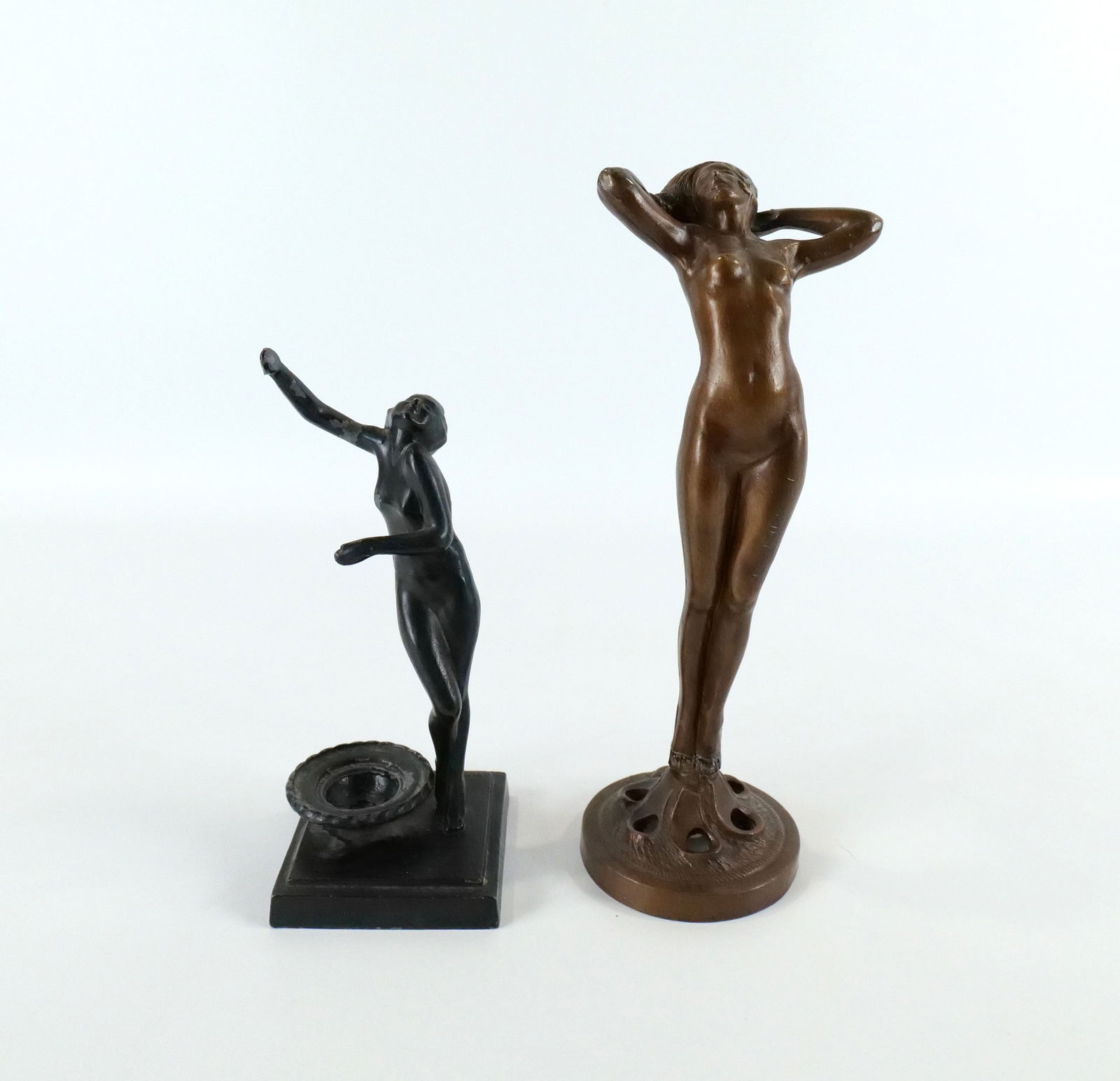 Group Lot of Mixed Metal Art Nouveau Nude Woman Statues: Group Lot of Mixed Metal Art Nouveau Nude Woman Statues including Frankart Vase Holder - Paint Loss - Marked L.206 and Nude Bronze Patina Flower Frog - Marked 1929 BBO - Has been epoxy at woman's feet