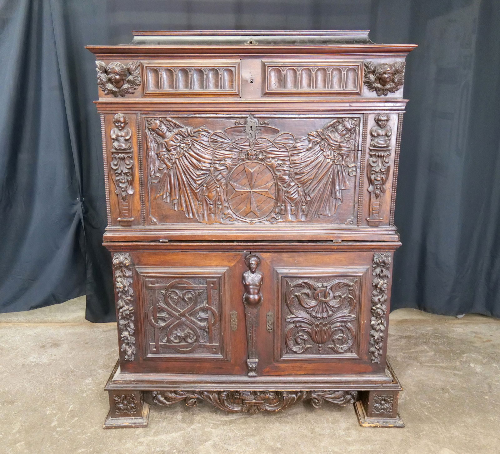 Early Gothic Revival Heavily Carved Fall Front Desk (1 of 20)