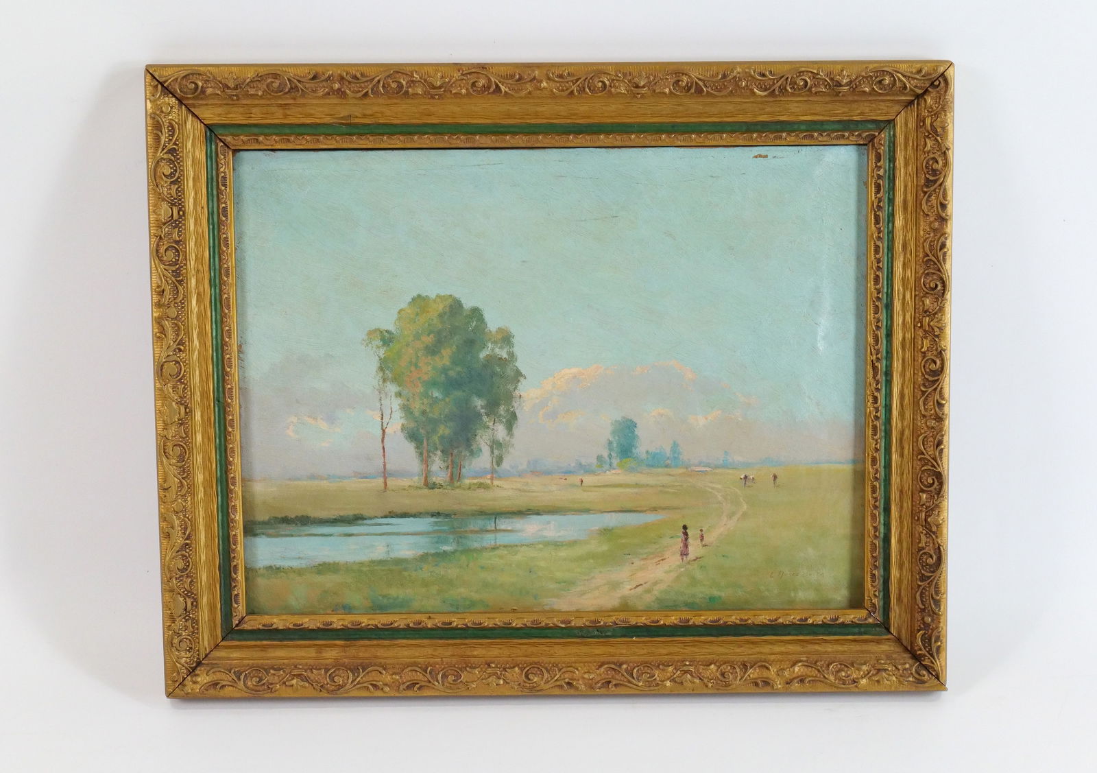Oil on Canvas by Luis Nunez Borda: Oil on Canvas by Luis Nunez Borda (1872 - 1970). Impressionist Painting depicting family walking on trail near lake with animals in background. Signed lower right. Has been relined. Measures 15.5" tal