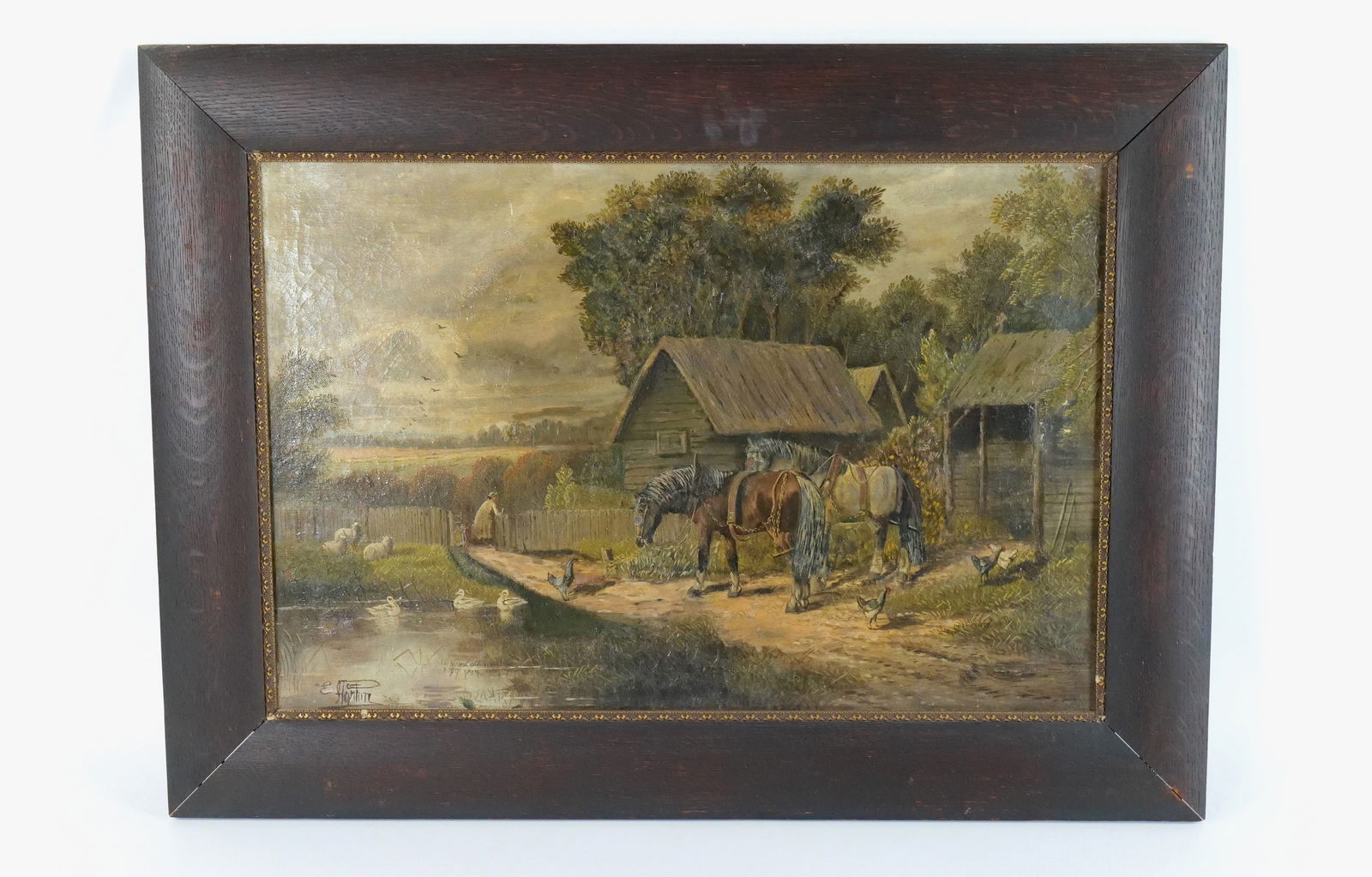 Oil on Canvas by Etty Horton: Oil on Canvas by Etty Horton (1835-1905). Depicting Country Farm Scene. Has horses, sheep, ducks and chickens. Signed lower left. Measures 22" tall x 30" wide. All invoices must be paid within 24 hour