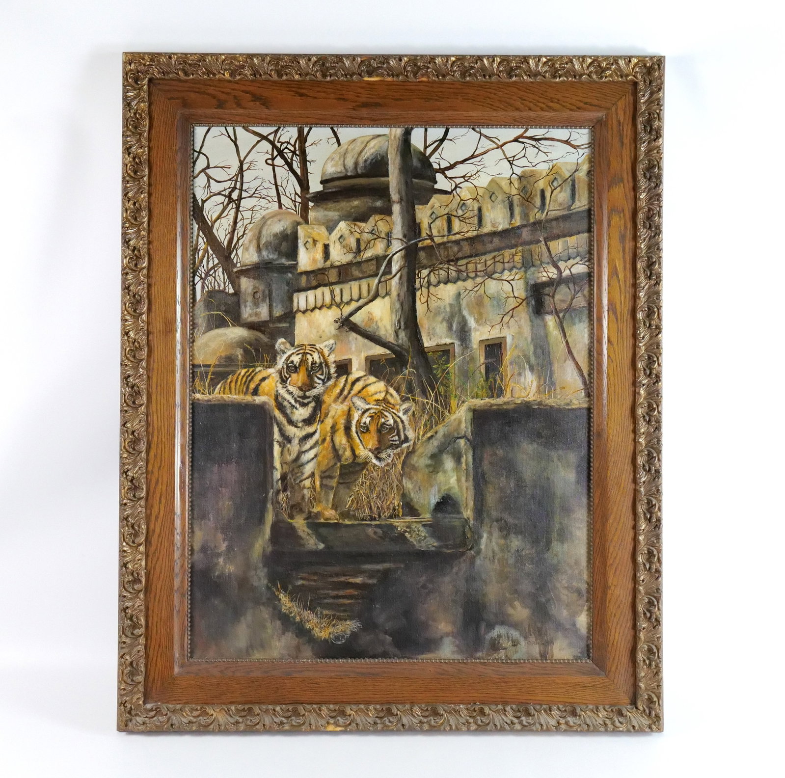 Oil on Canvas by Mark Morrison: Oil on Canvas by Mark Morrison. Depicting Tigers at a conservatory. Signed lower right. Frame is a little AS-IS. Measures 40" tall x 32" wide. All invoices must be paid within 24 hours of the sale. We