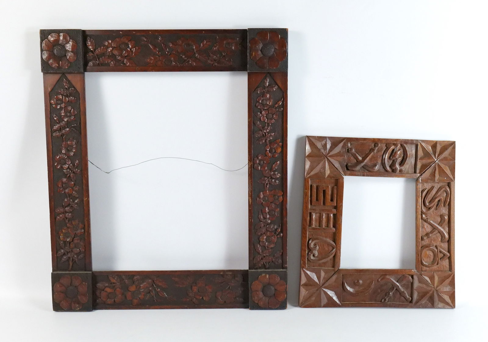 Lot of 2 Hand Carved Folk Wooden Picture Frames (1 of 12)