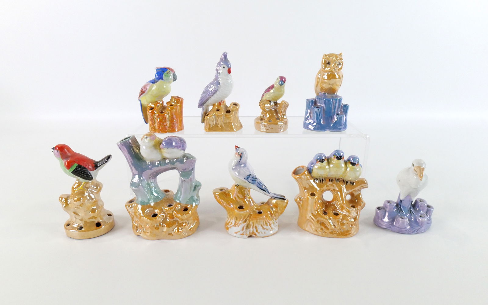 Lot of 9 Lusterware Bird Flower Frogs (1 of 10)