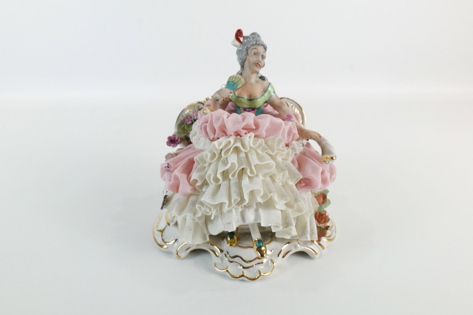 19th Century Dresden Porcelain Figurine: 19th Century Dresden Porcelain and Lace Figurine - Made in Germany. Depicting a Woman Seated Fanning Herself. Marked on bottom 1411 MB. Some lace missing otherwise figurine is in good condition. Measu