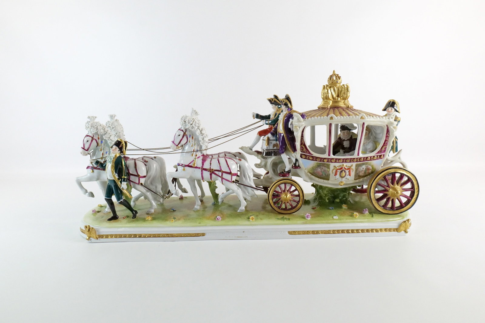 19th Century Porcelain French Stage Coach Figural Grouping: 19th Century Hand Painted Porcelain Oversized French Stage Coach Figural Grouping. Entitled "Voure de Mariage de Napoleon". Missing one flower on base otherwise good condition. Measures 13" tall x 27"