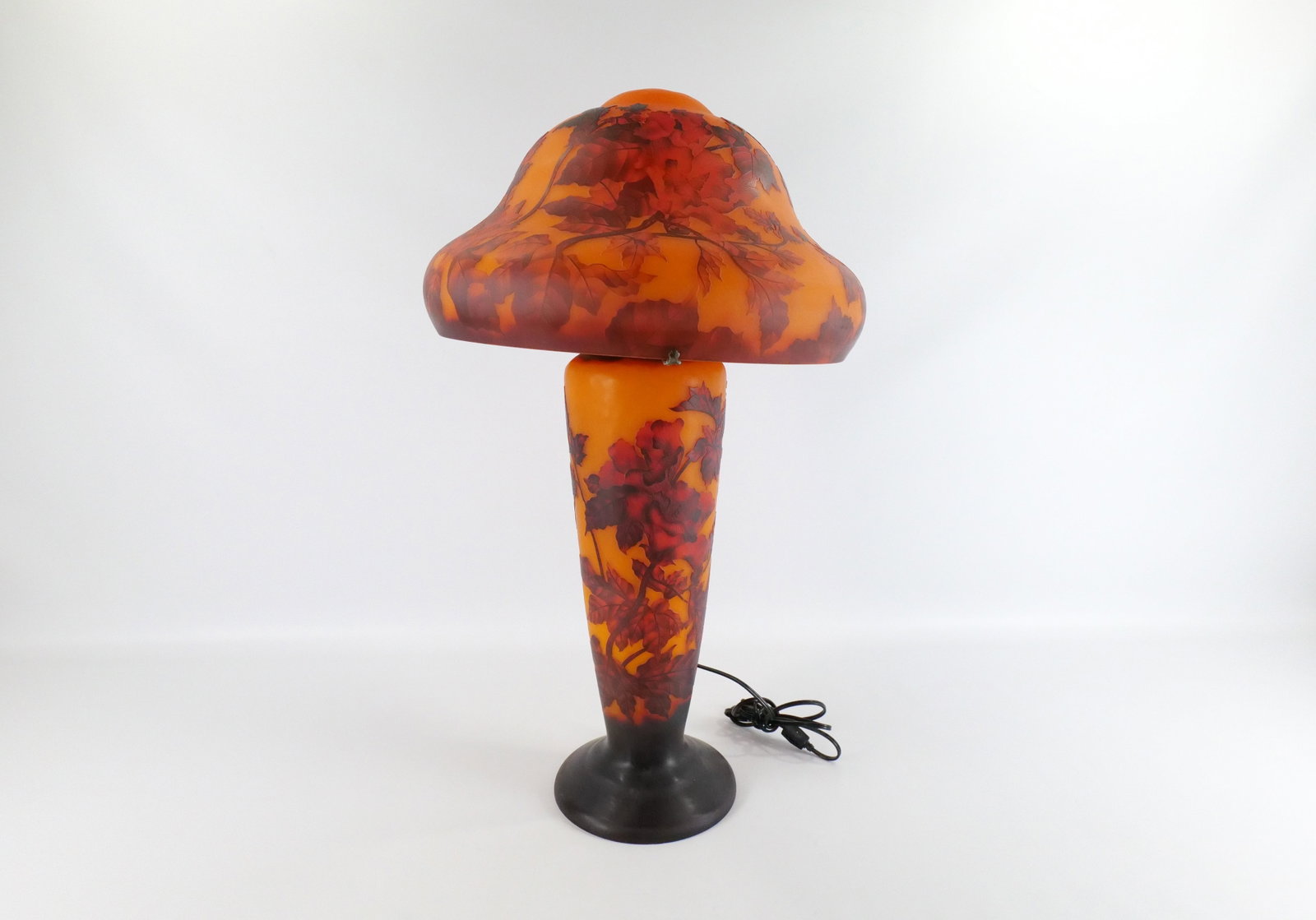 Monumental Galle Style Cameo Cut Glass Lamp: Monumental Galle Style Cameo Cut Art Glass Mushroom Lamp. Good Condition. Measures 36" tall. Shade is 18" diameter. All invoices must be paid within 24 hours of the sale. We offer multiple shipping op