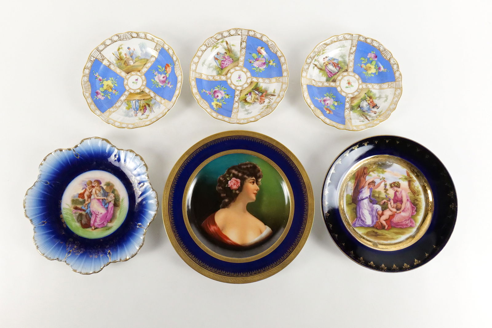 Group Lot of 6 Porcelain Pictorial Plates: Group Lot of 6 Antique Hand Painted and Transferware Porcelain Pictorial Plates including (3) Meissen, Karlsbad, Victoria, and Fischer & Mieg - Small chip on rim. All others in good condition. Largest