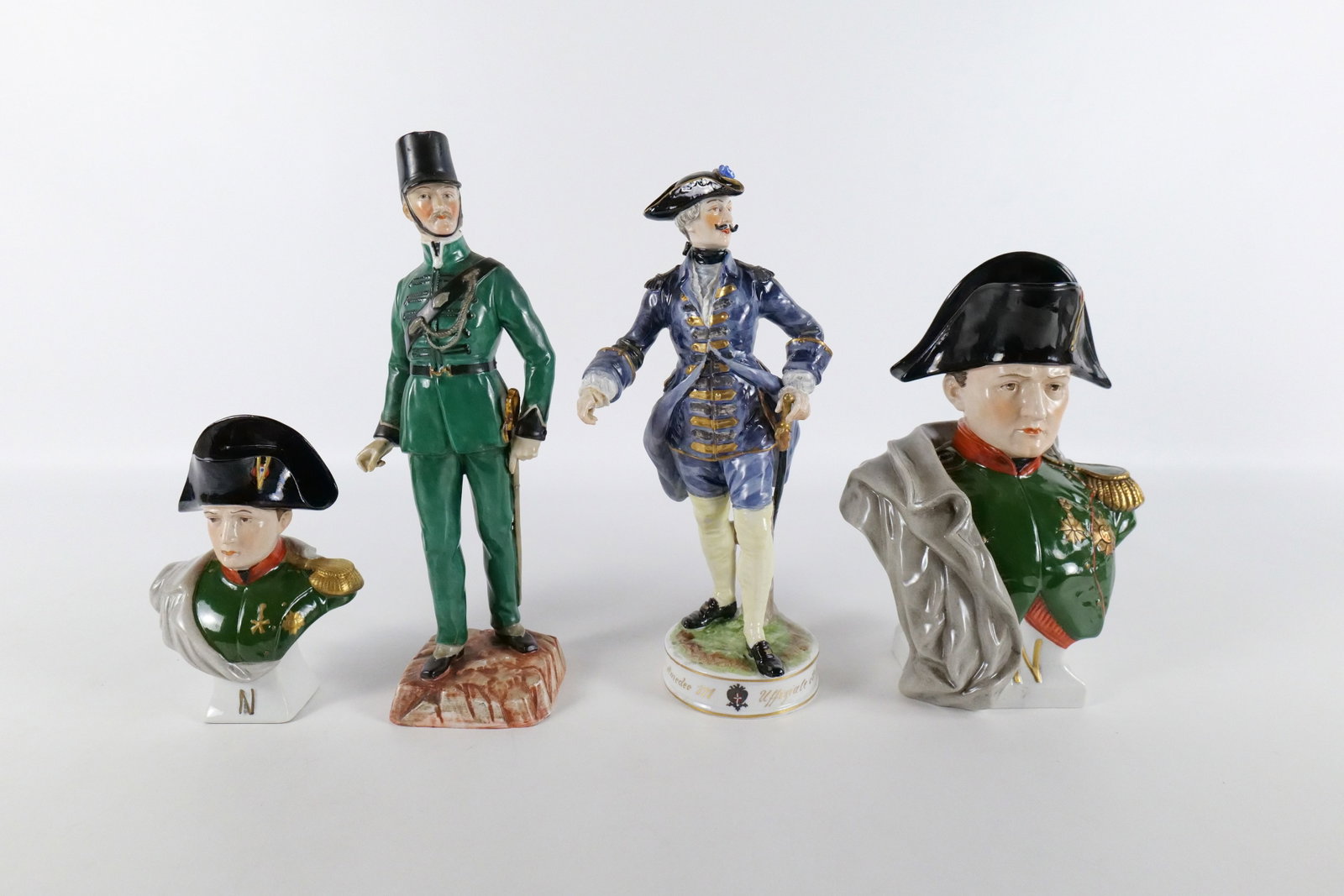 Lot of 4 Porcelain Men Figurines: Lot of 4 Porcelain Soldier Figurines including Larger Bust of Napoleon - Marking on base Scheibe-Alsbach - Good Condition, Smaller Bust of Napoleon - Marking on Back Scheibe-Alsbach - Good Condition, 