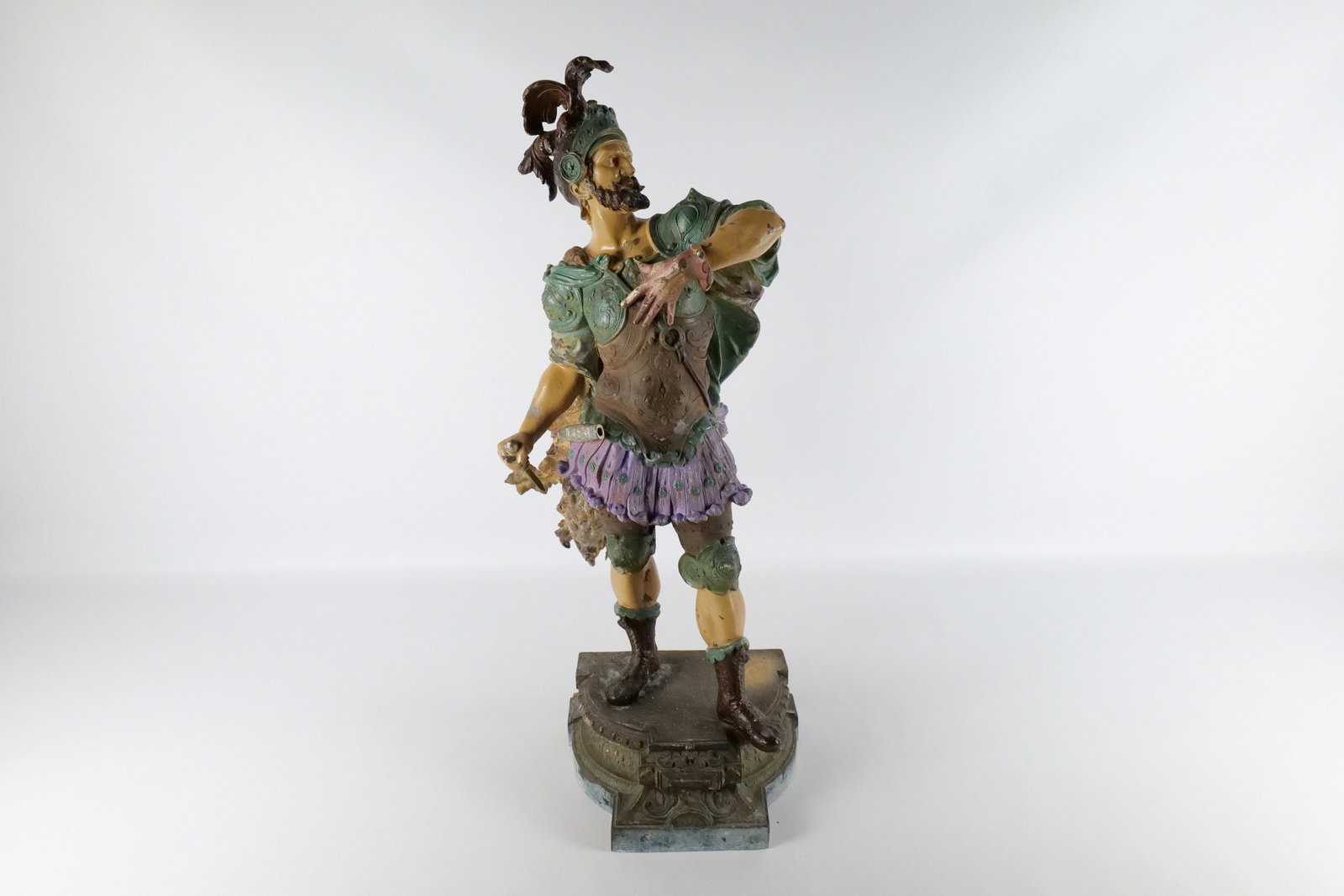 Antique Mixed Metal Statue - Egyptian Soldier: Antique Mixed Metal Hand Painted Egyptian Soldier Statue. Has some paint loss. Measures 30" tall x 13" wide. All invoices must be paid within 24 hours of the sale. We offer multiple shipping options p