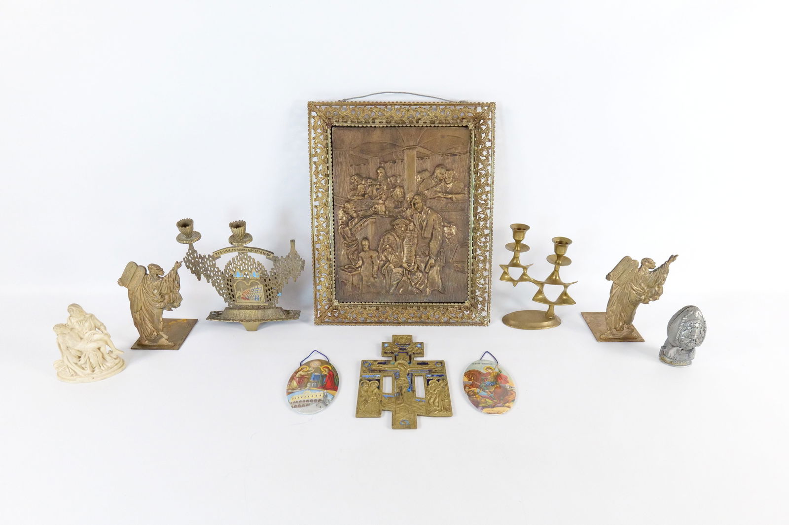 Group Lot of Religious Items: Group Lot of Religious Items including Framed Plaque in Relief of Synagogue Scene - Appears to be resin, Several Candlesticks - One AS-IS, Pair of Moses Bookends, Icon with Hand Painted Enamel Cross w