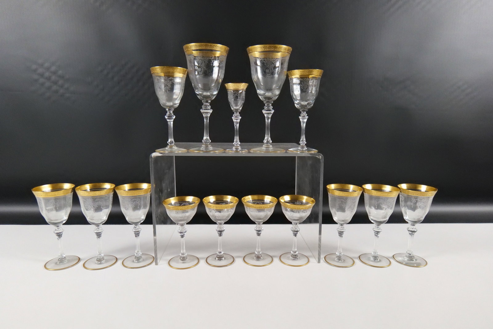 Lot of Tiffen Franciscan Melrose Rose Stemware: Lot of Elegant Stemware - Tiffen Franciscan Melrose Rose. Lot includes various sizes. Drinking, Wine and Cordials. All in good condition. Largest measures 8" tall. All invoices must be paid within 24 