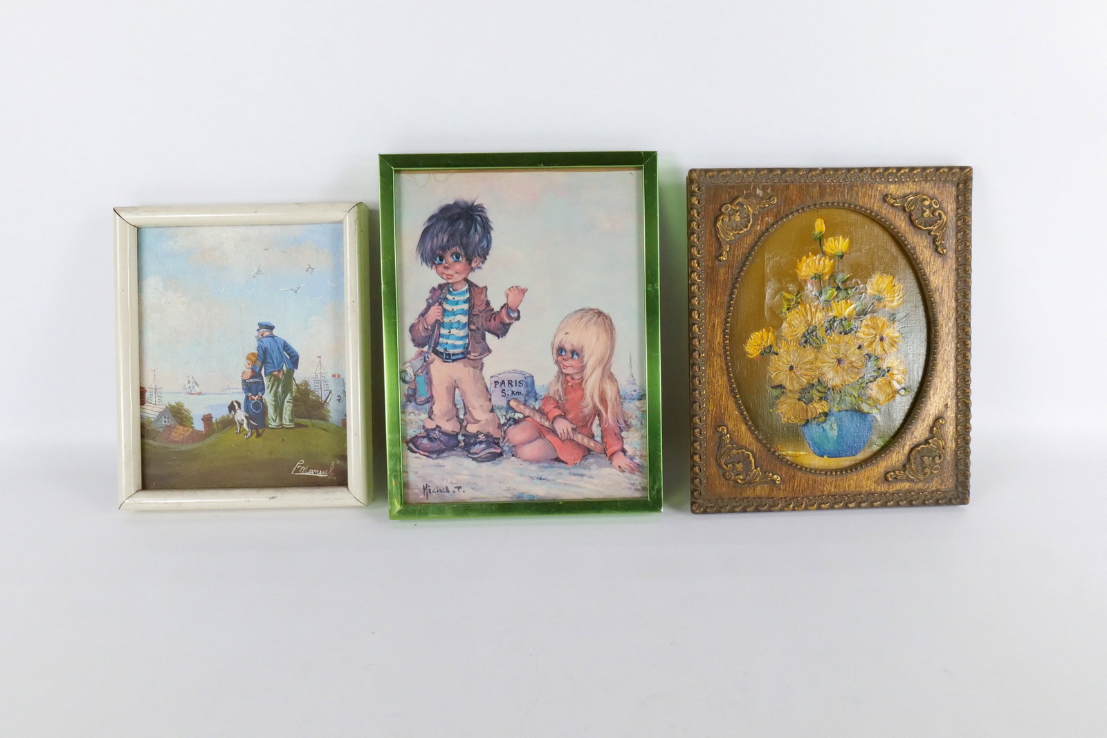 Lot of Art: Lot of Art including Framed Print - Depicting a boy and girl hitchhiking near Paris - Signed Michael T, Oil on Board of Sailor Grandpa and Young Boy looking out to sea - Signed P. Manuel, and Print on