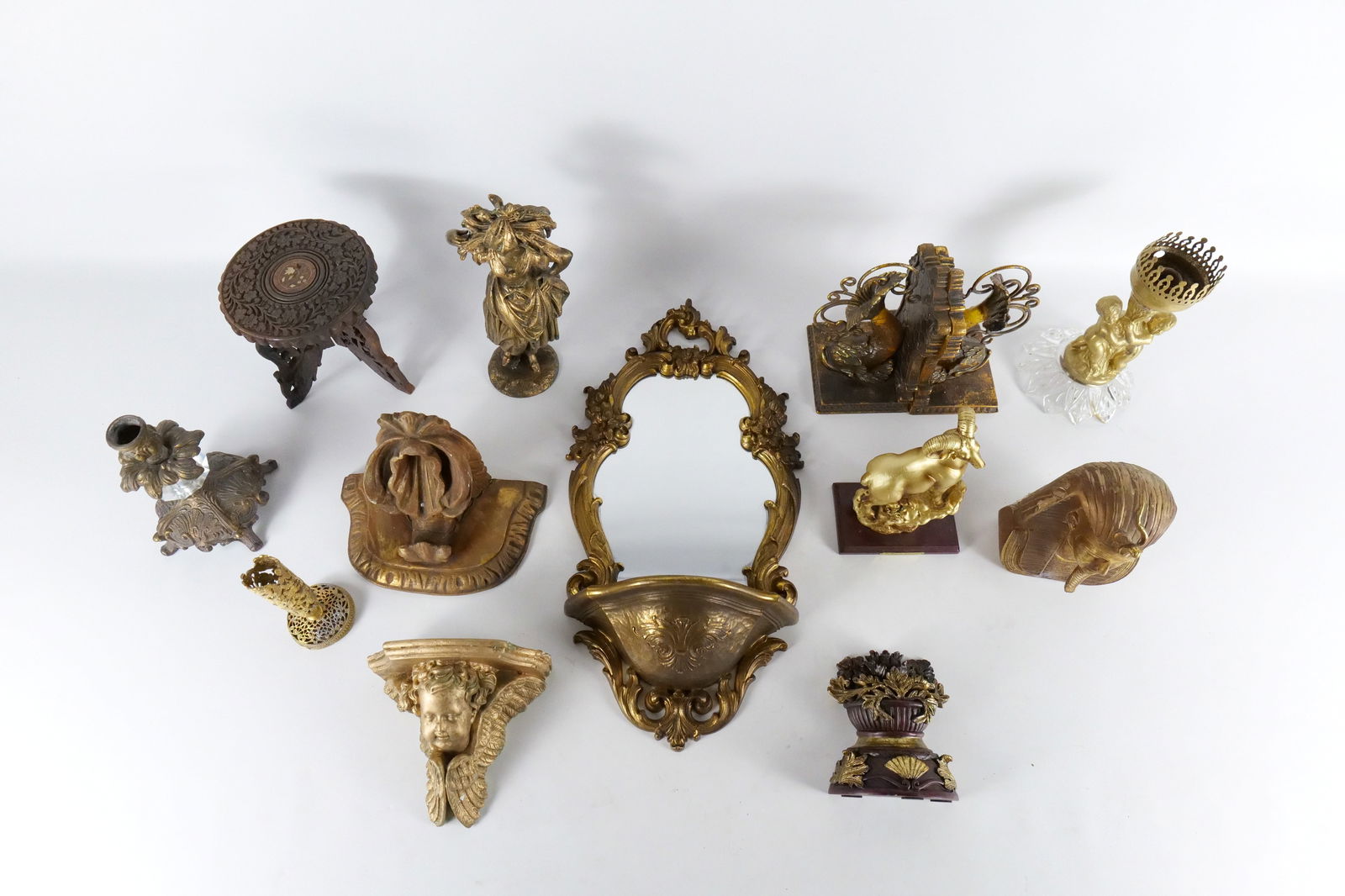 Group Lot of Decorative Items: Group Lot of Decorative Items including Pair of Fish Bookends - One AS-IS, Ram Statue by Minella Collection, Metal Statue of Woman Carrying Wheat, Resin King Tut, Wooden Sconce - Some Cracks, Mirror S