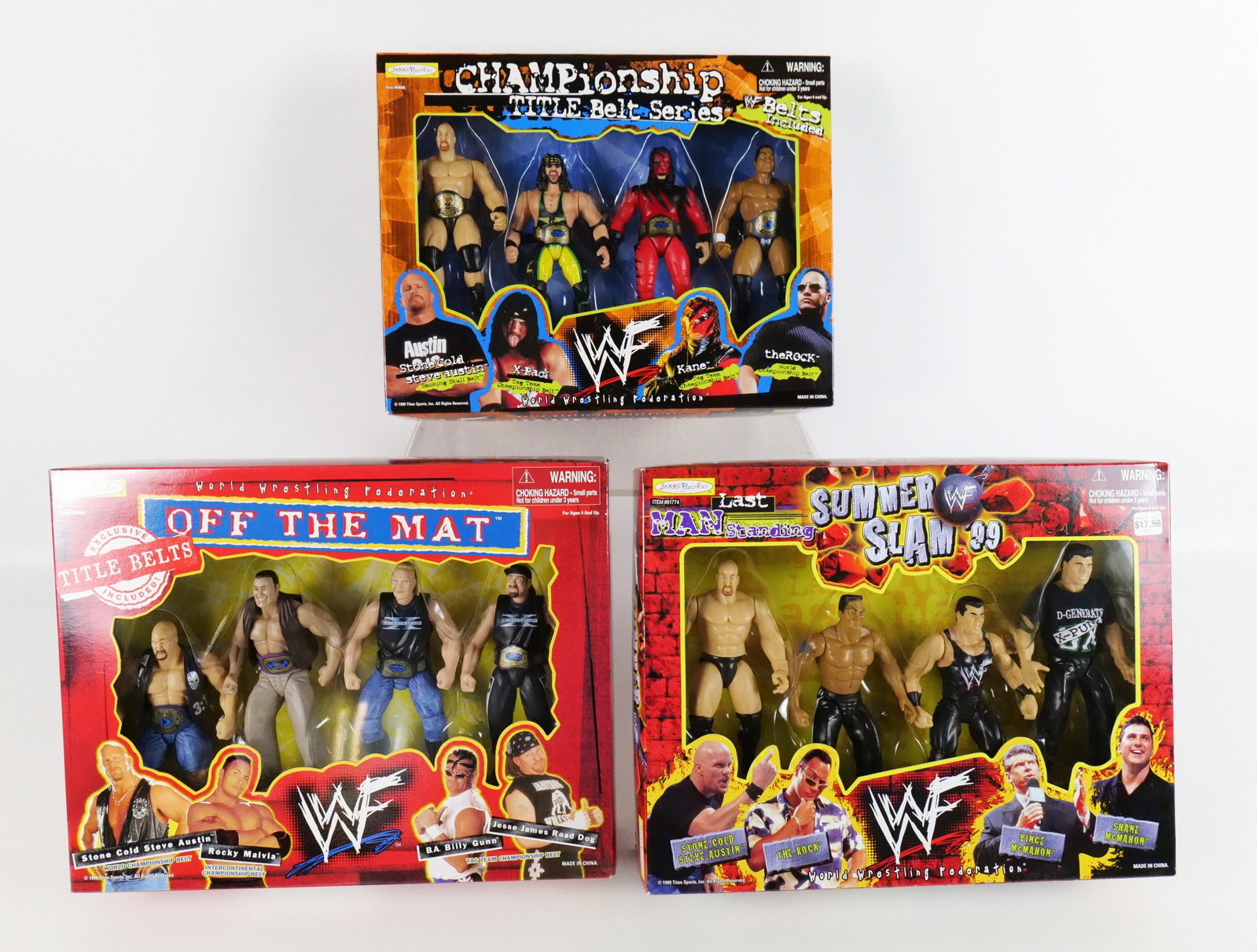 Lot of 3 Jakks Pacific WWF Wrestling Action Figure Sets: Lot of 3 Jakks Pacific WWF Wrestling Action Figure Sets including Summer Slam 99 (Stone Cold Steve Austin, The Rock, Vince McMahon, & Shane McMahon), Off The Mat (Stone Cold Steve Austin, Rocky Maivia