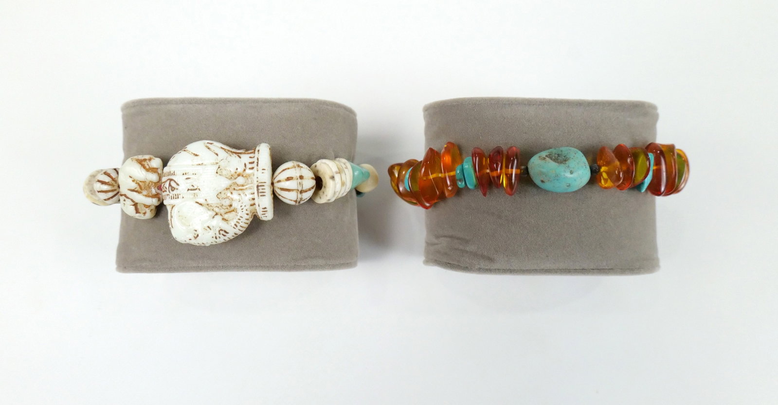 Pair of Turquoise Nugget Bracelets: Pair of Turquoise Nugget Bracelets. The lot includes 2 bracelets featuring an 8'' long adjustable bracelet strung with alternating turquoise chips and amber chips with a turquoise nugget at the center