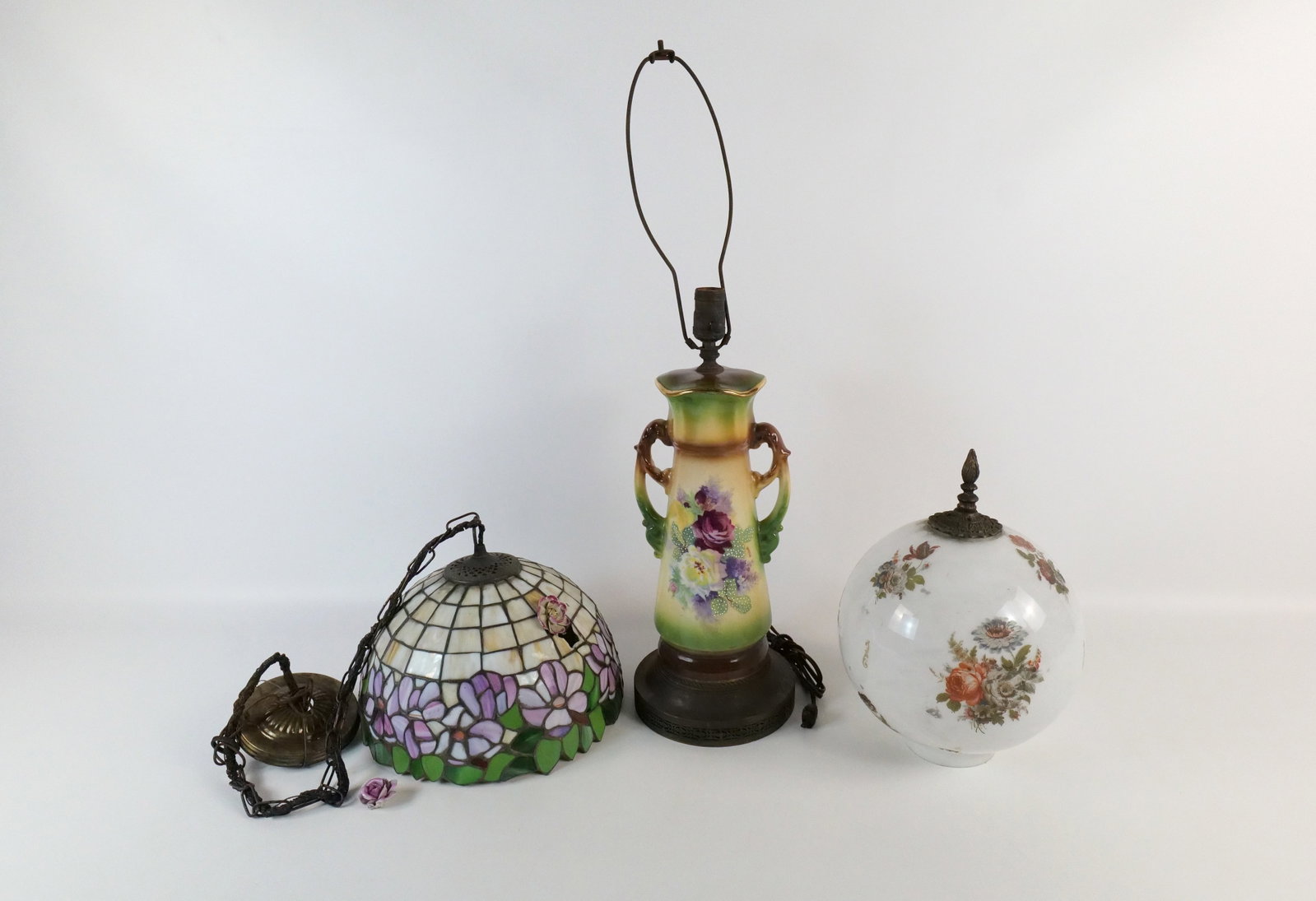 Lot of Lamps and Shades: Lot of Lamps and Shades. Including Stained Glass Hanging Lamp with Applied Flowers - Crack on stained glass piece and applied flower is broken off, Decorative Transferware with Hand Painted Highlights
