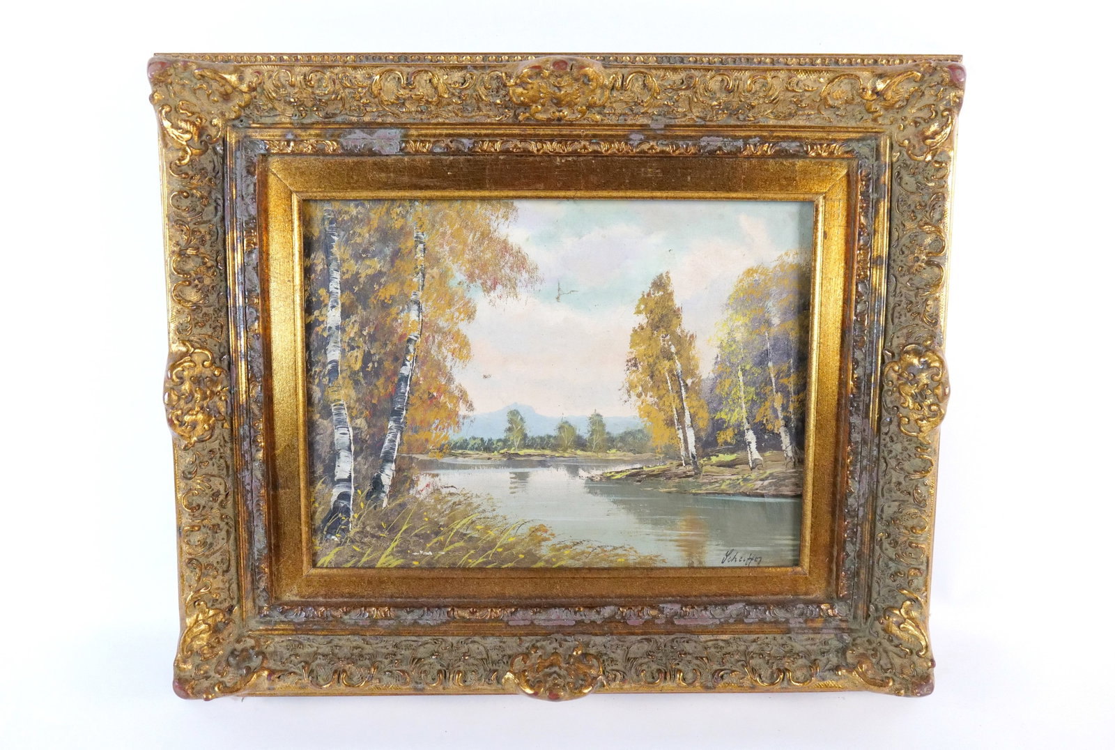 Oil on Canvas - Lake in Forest: Oil on Canvas. Depicting a lake in the forest scene. Signed lower right - Undetermined. Does have several repairs and a minor tear in the sky. Circa late 20th century. Measures 20" tall x 24" wide. Al