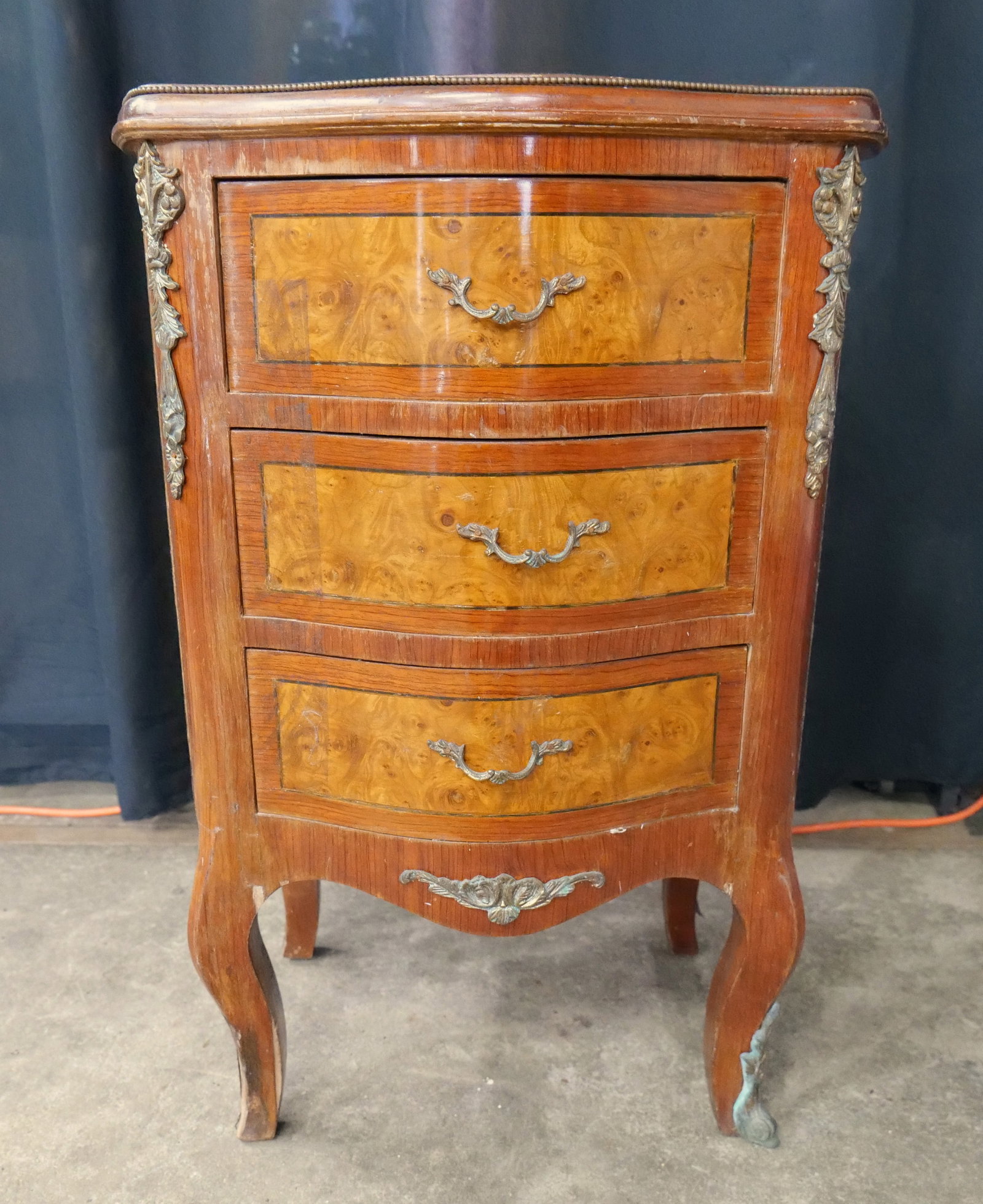 French 3 Door Stand: French 3 Door Stand. Does have water damage on top and sides. Missing one bronze mount on foot. Late 20th century. Measures 30" tall x 20" wide x 15" deep. All invoices must be paid within 24 hours of
